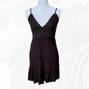 Black Boho Sundress Deep V Crocheted Top Adjustable Straps Size M